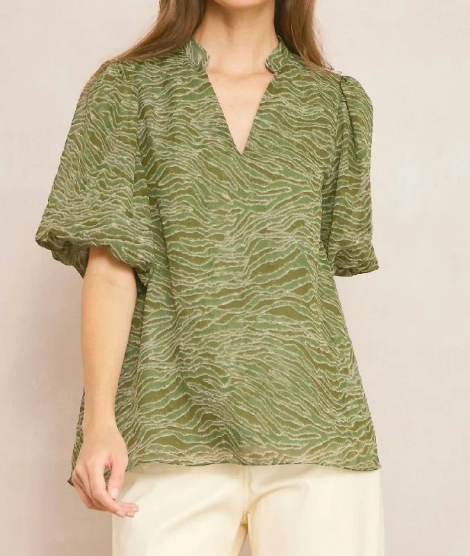 Spring Offer Bubble Sleeve V-Neck Top In Olive