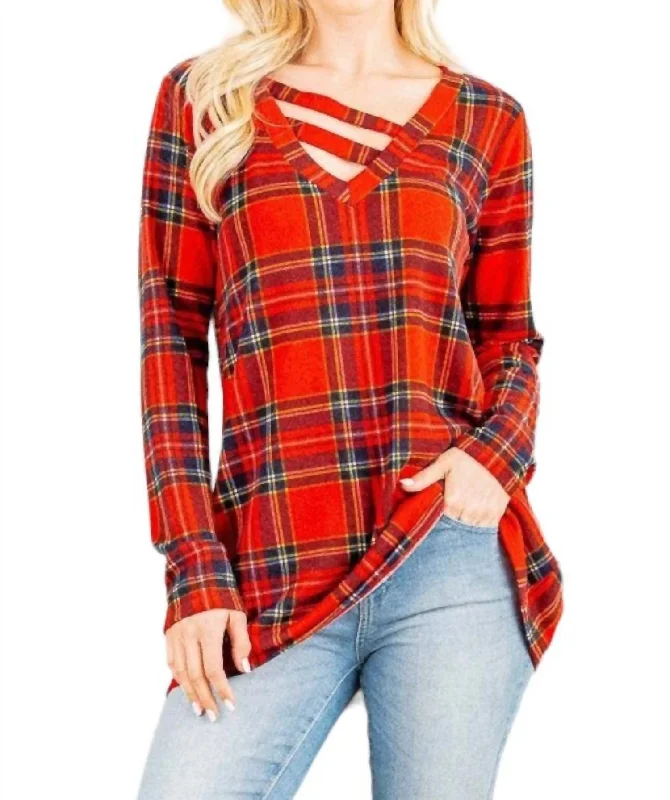 Latest Fashion Holiday Plaid Criss Cross Top In Red