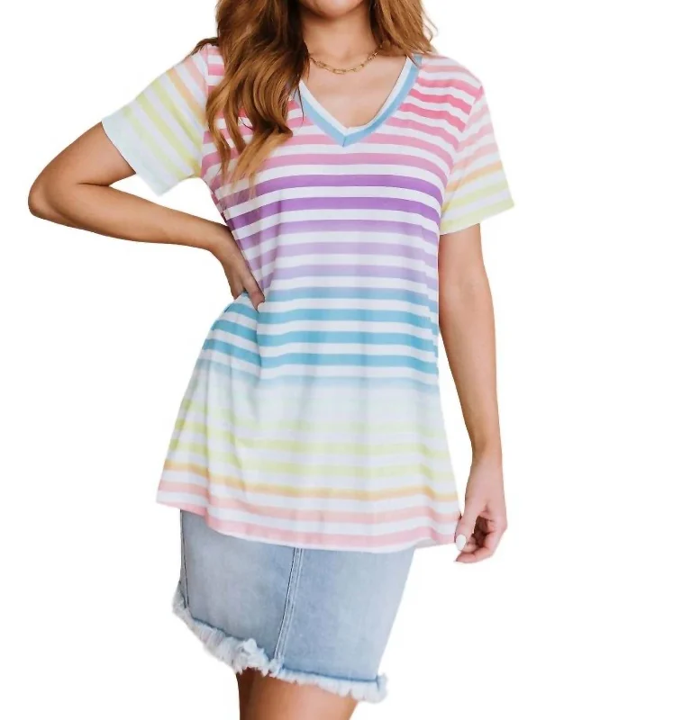 Chic Styles Looking For Rainbows V-Neck Striped Top In Ombre Rainbow Stripe