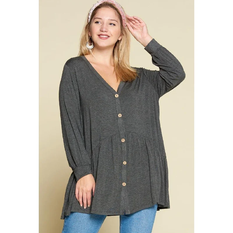 Relaxed Style Deals Plus Size Solid Heavy Rayon Modal Jersey Faux Button Up