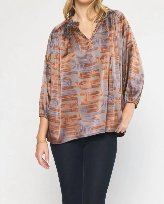 Buy More, Save More Swirl Printed V-Neck Top In Toffee