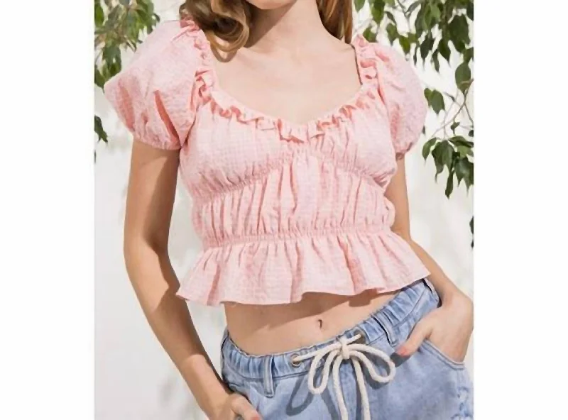 Limited Stock, Big Sale Gingham Babydoll Top In Peach