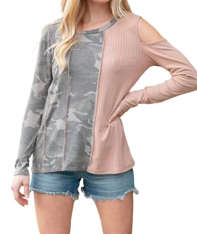 Chic And Trendy Rib Color Block Cut-Out Top In Taupe/camo