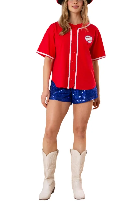 Contemporary Chic Promotions Baseball Sequins Embroidery Top In Red