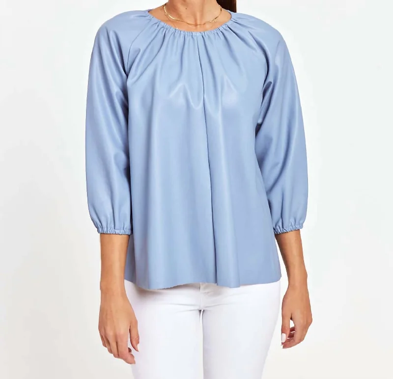 Clearance Event Blakely Faux Leather Puff Sleeve Top In French Blue