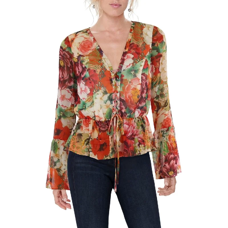 Seasonal Sale Womens Floral Lace-Up Peasant Top