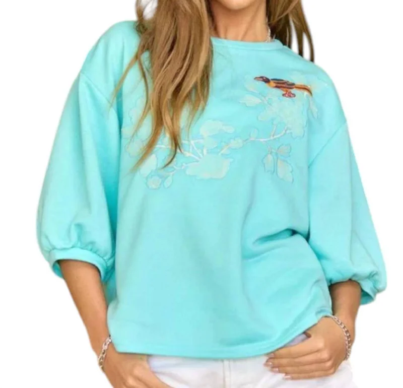 Chic & Cozy Collection Oriental Embroidered Bird Puff Sleeve Top In Mint