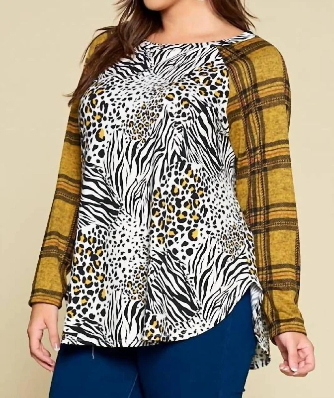 Limited Time Deal Animal Print Casual Top With Plaid In Ivory/mustard