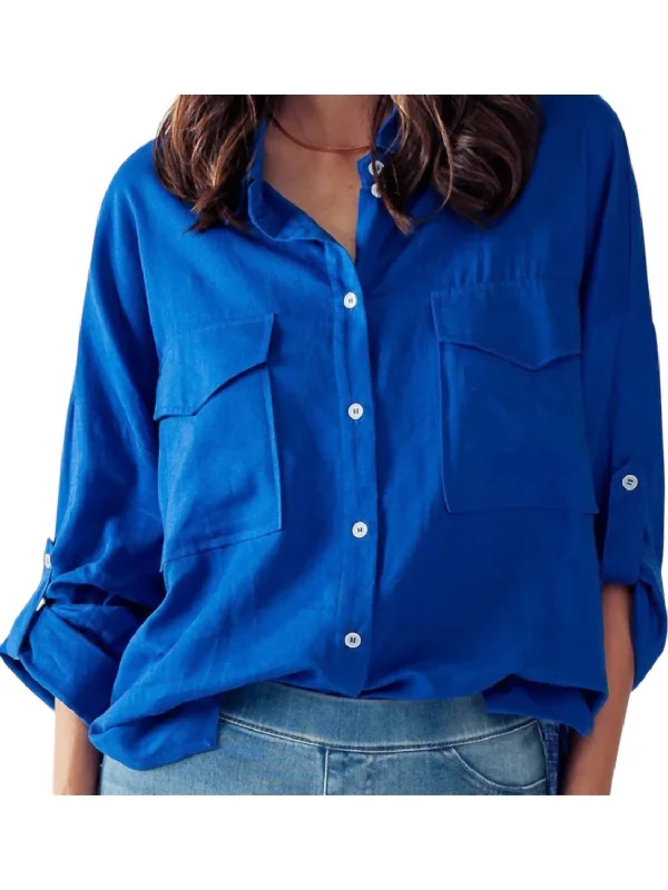 Spring Offer Oversized Pockets Button Up Linen Shirt In Blue