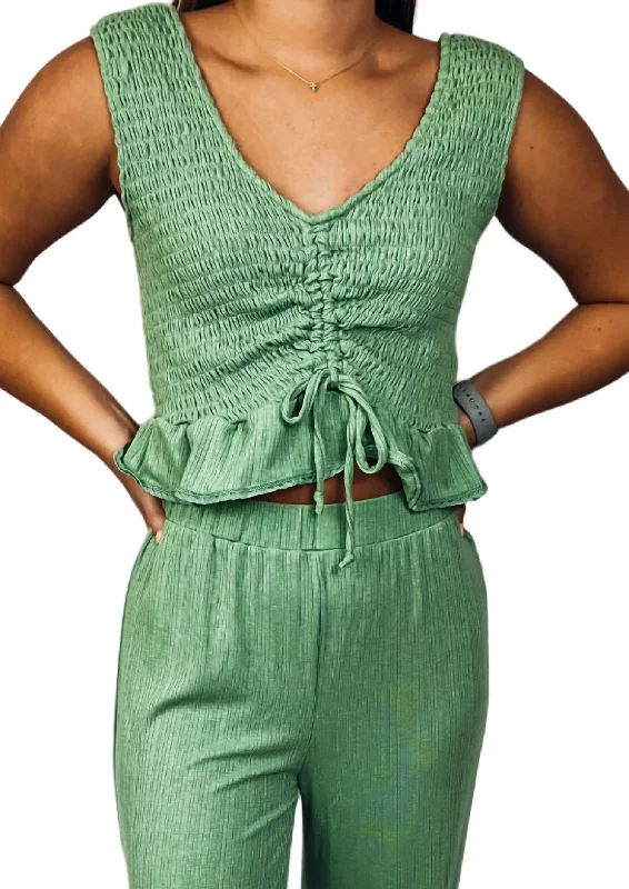 Fashion Forward Flounce Around Town Top In Sage Green