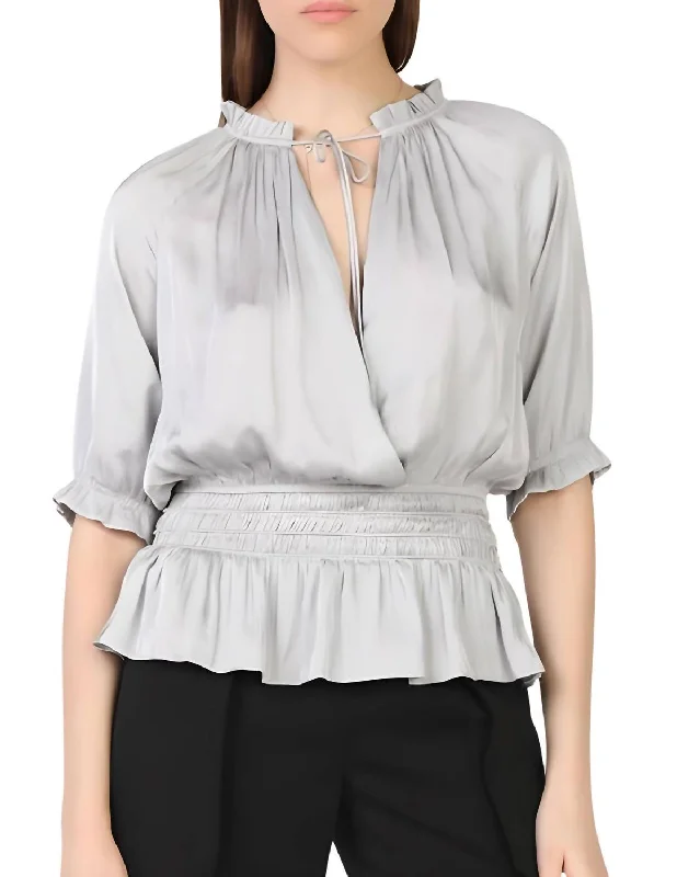 Hot Sale 3/4 Sleeve Rouched Waist Top In Light Grey