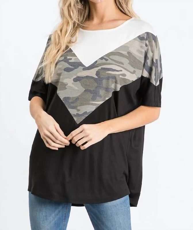 Day-To-Night Styles Camo Color Block Top In Multi