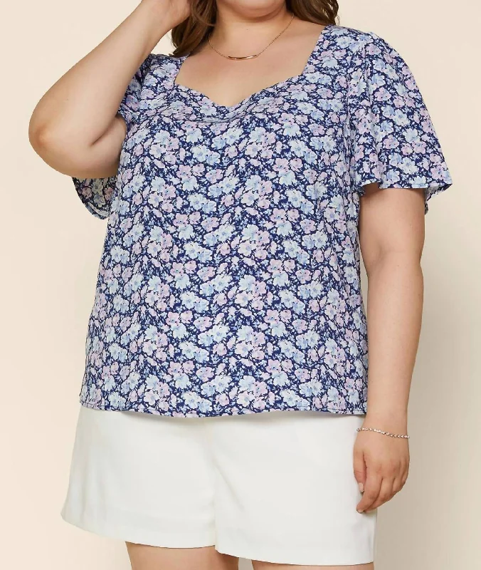 Relaxed Style Navy And Lavender Fields Top In Blue Floral