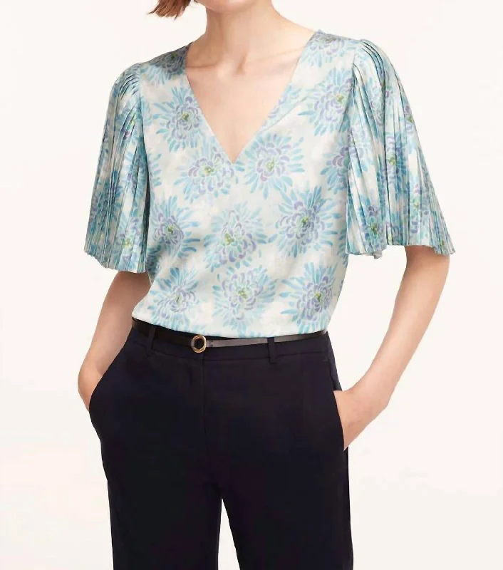 Classic Chic Deals Pleated Sleeve Top In Astera Fleur Turquoise Combo