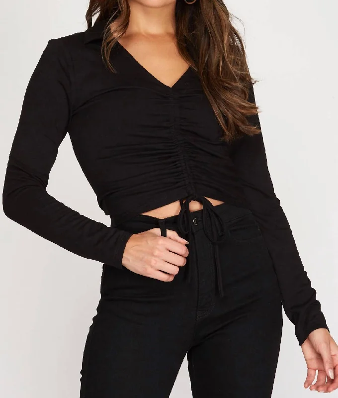 Fashion Essentials Collared Drawstring Front Top In Black