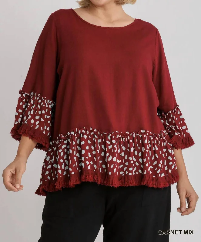 Fashionable Comfort Promotions Linen Blend Animal Print Bell Sleeve Top In Garnet