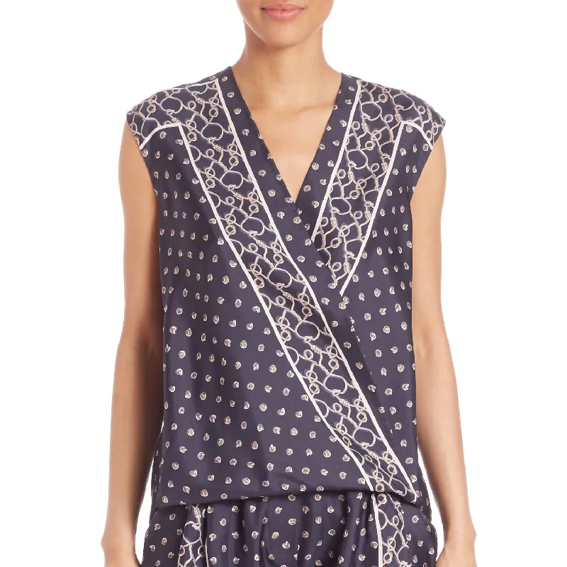 Polished Style Deals Silk Scarf Printed Top In Navy