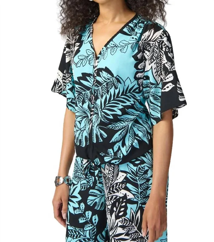 Hot Deals Tropical Print Gauze Front Tie Top In Blue