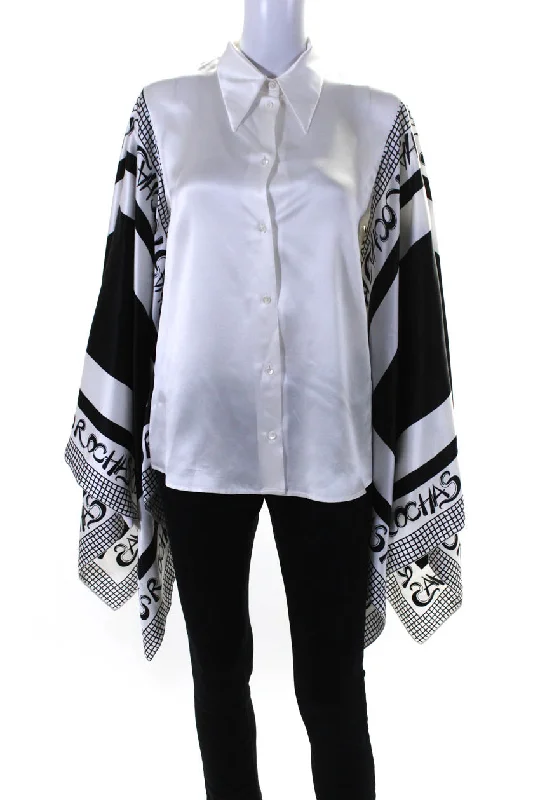 Limited Time Offer Rochas Womens Button Front Printed Sleeve Silk Draped Shirt White Black IT 44