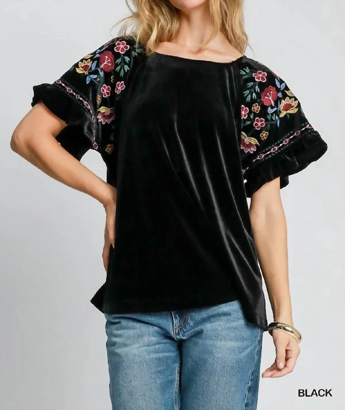 Fashion-Forward Velvet Floral Embroidery Top In Black