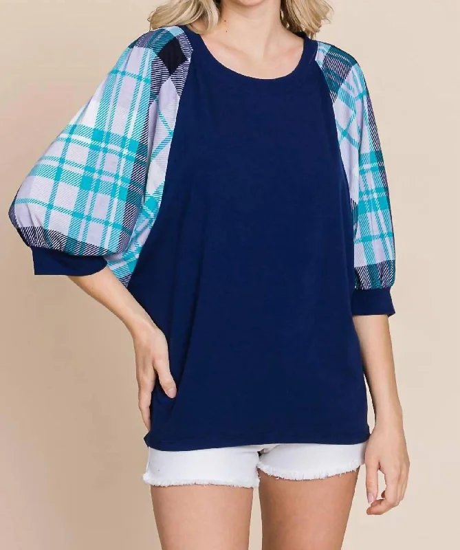 Winter Warehouse Sale Plaid Bubble Sleeves Top In Navy Blue