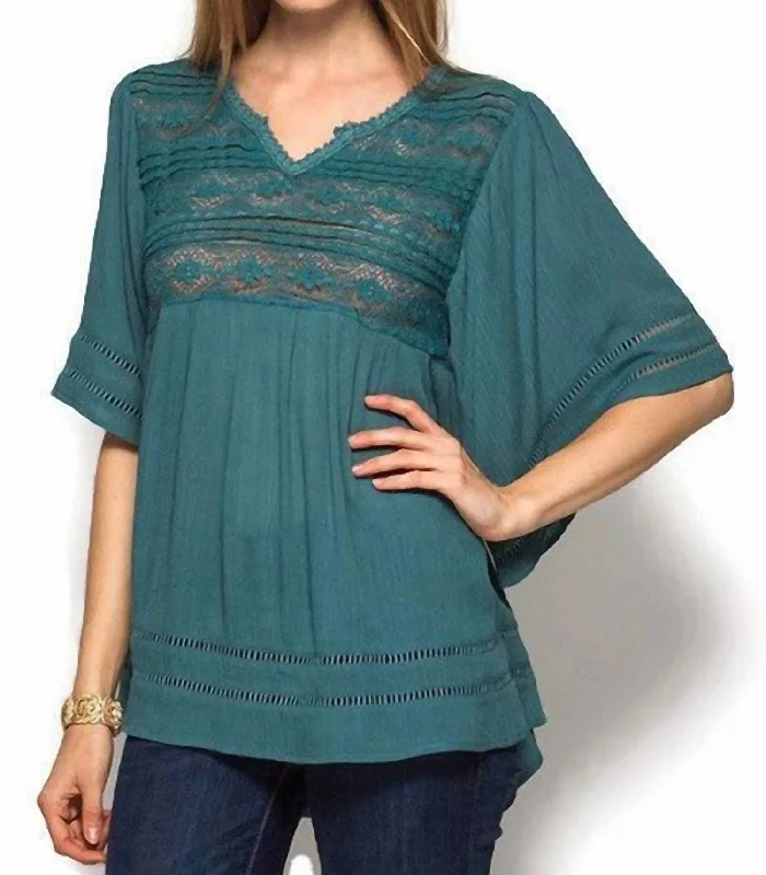 Chic Styles Lace And Crochet Trim Top In Dusty Blue