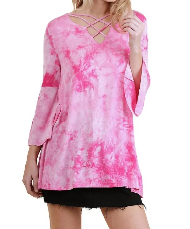 Forward Trendsetter Crossed Tie Dye Bell Sleeve Top In Pink