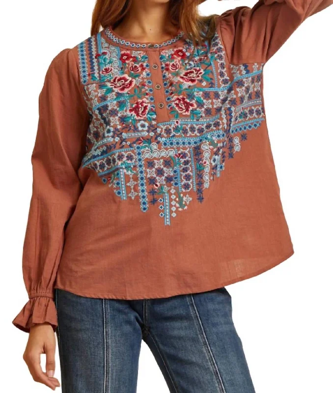 Trend Alert Mixed Embroidered Top In Rust