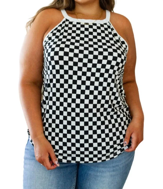 Weekend Exclusive Start The Races Checkered Halter Top In Black And White