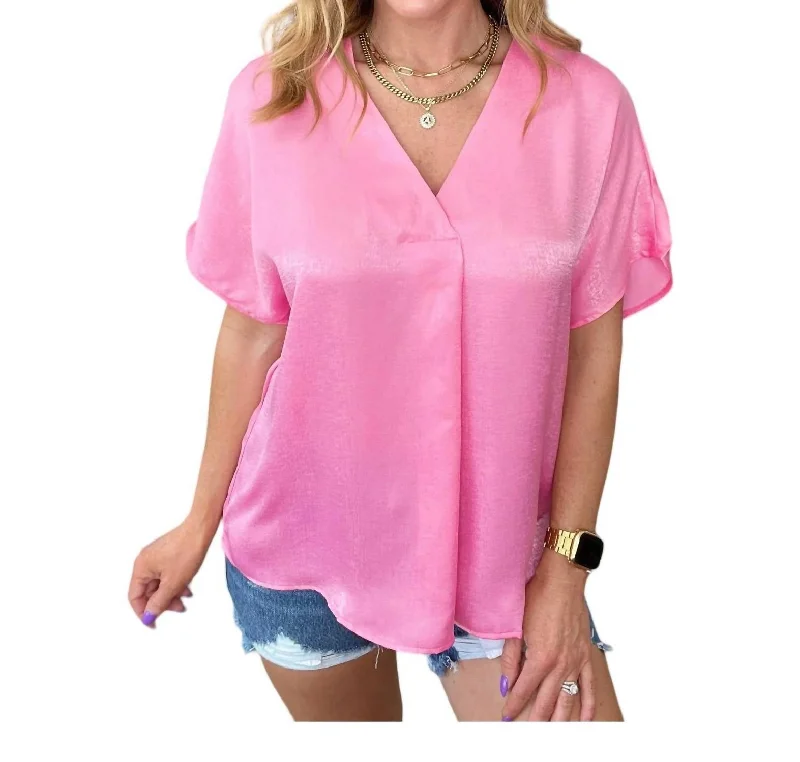 Break Fashion Norms Pleat Front V-Neck Top In Pink Cosmos