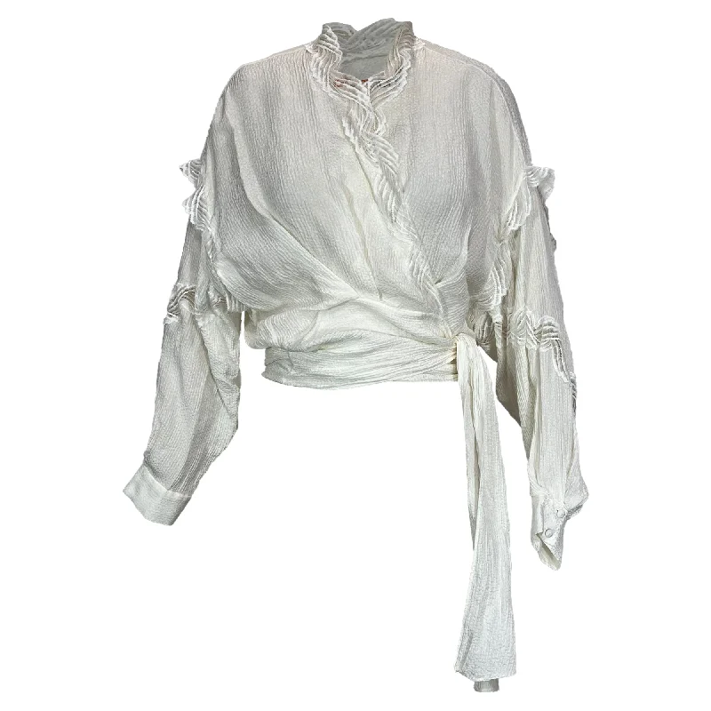 Retro Style Promotions Iro Jarl Lace-Trimmed Satin-Jacquard Wrap Top in White Viscose