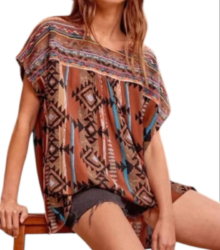 Fresh Styles, Fresh Deals Aztec Embroidered Top In Brown Multi