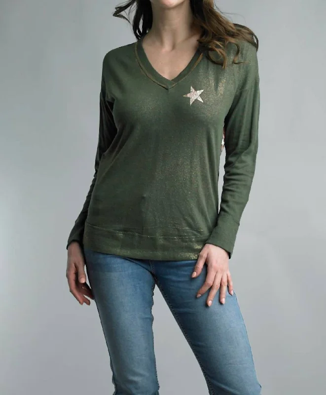 Season Offer Sparkly Star Leopard Print Back Top In Olive