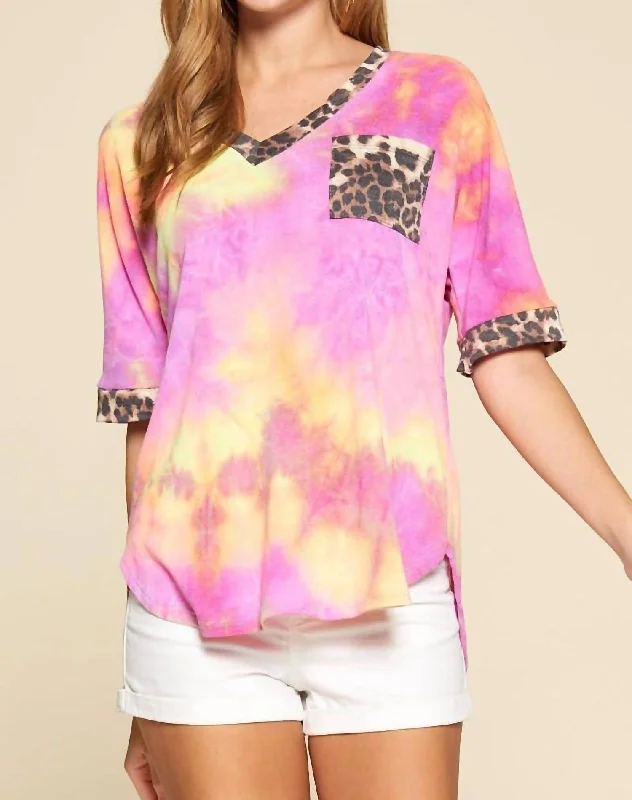 Huge Discounts This Week Tie-Dye V-Neck Animal Print Pocket Top In Fuchsia