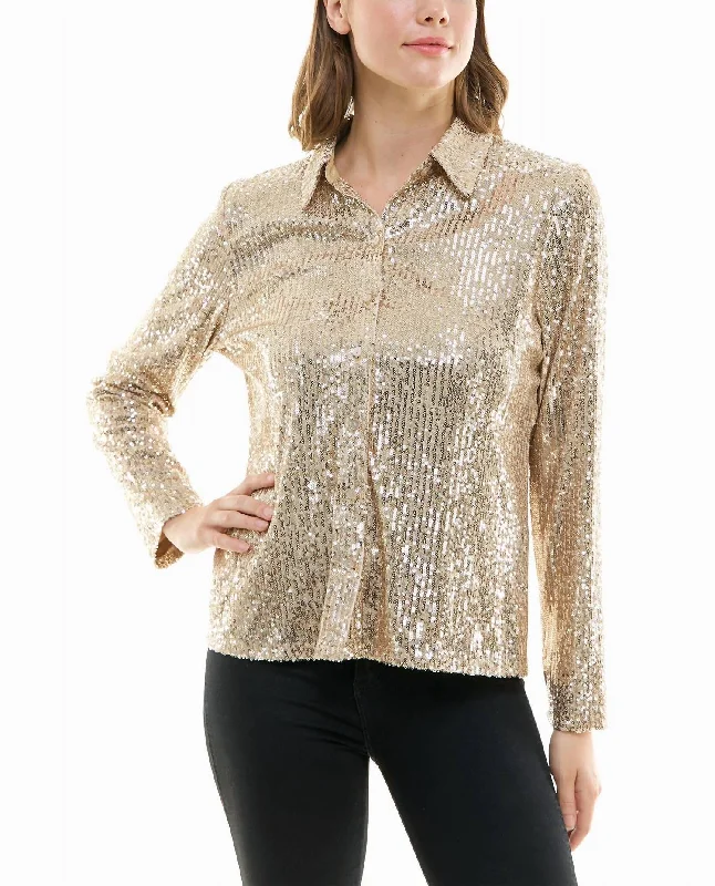 Effortless Style, Endless Impact Nora Sequin Button Front Shirt In Champagne