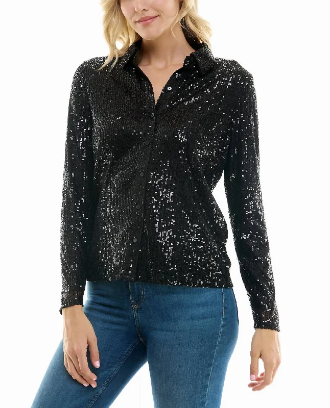 Fashion Forward Femininity Nora Sequin Button Front Shirt In Very Black