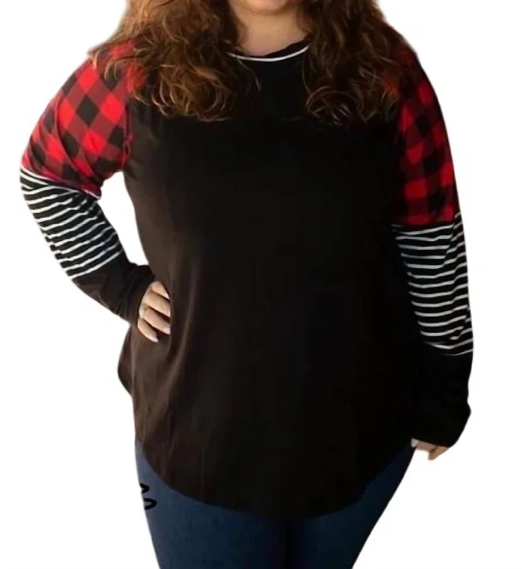 Latest Trends Plaid Stripe Raglan Top In Black