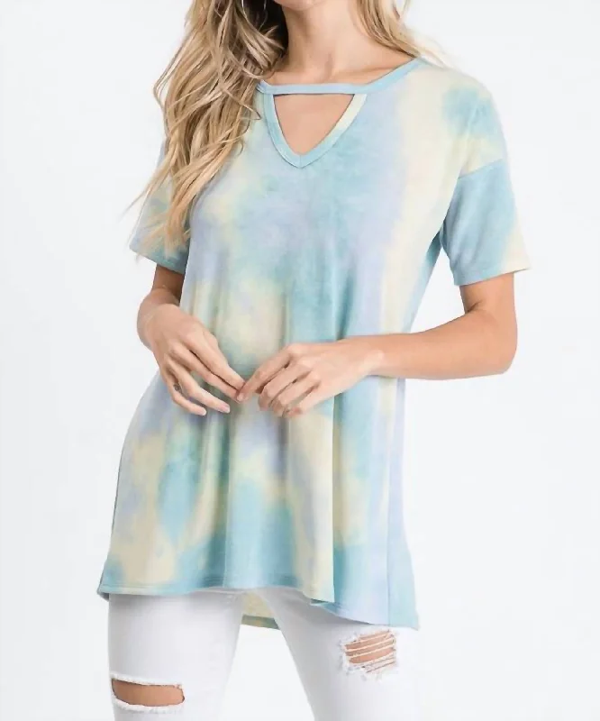 Enjoy Discount Tie Dye Keyhole Top - Plus In Blue/yellow