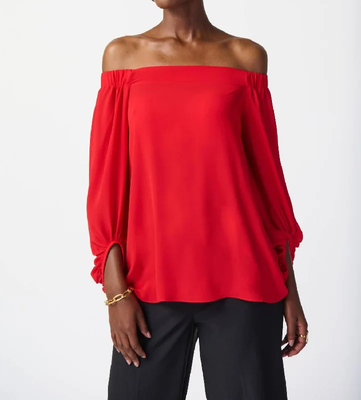 Limited-Time Offer Georgette Off-Shoulder Flared Top In Radient Red