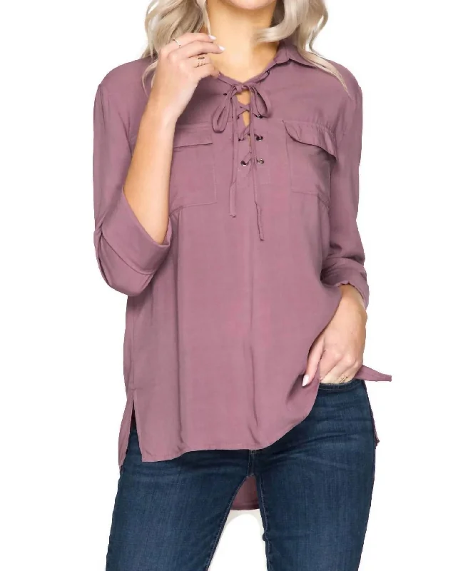 Holiday Attire Sale Lace Up Shirt In Dusty Mauve