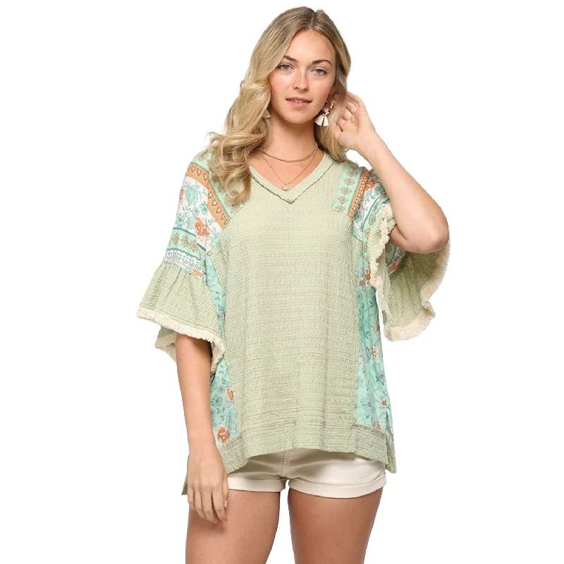 Season Offer Texture Knit And Print Mixed Hi Low Hem Top