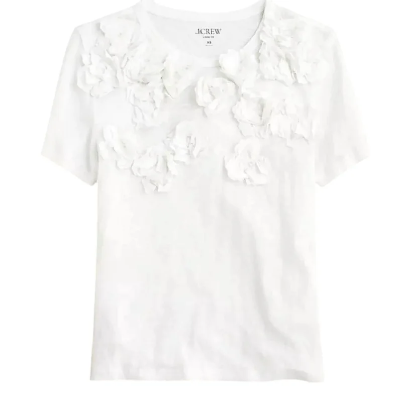 Affordable Luxury Fashion Women's Linen Floral Appliques Shirt Top In White