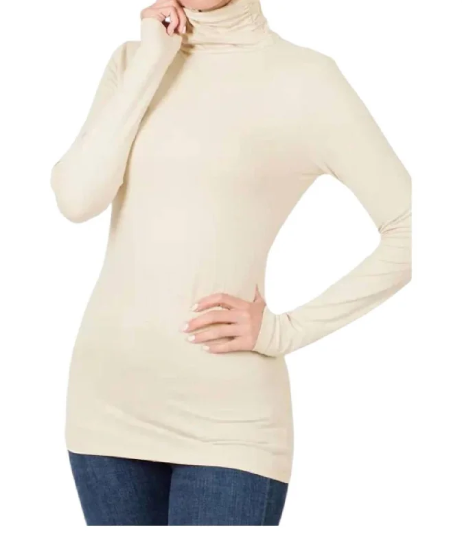 Chic Styles Luxe Rayon Turtleneck Top In Sand Beige