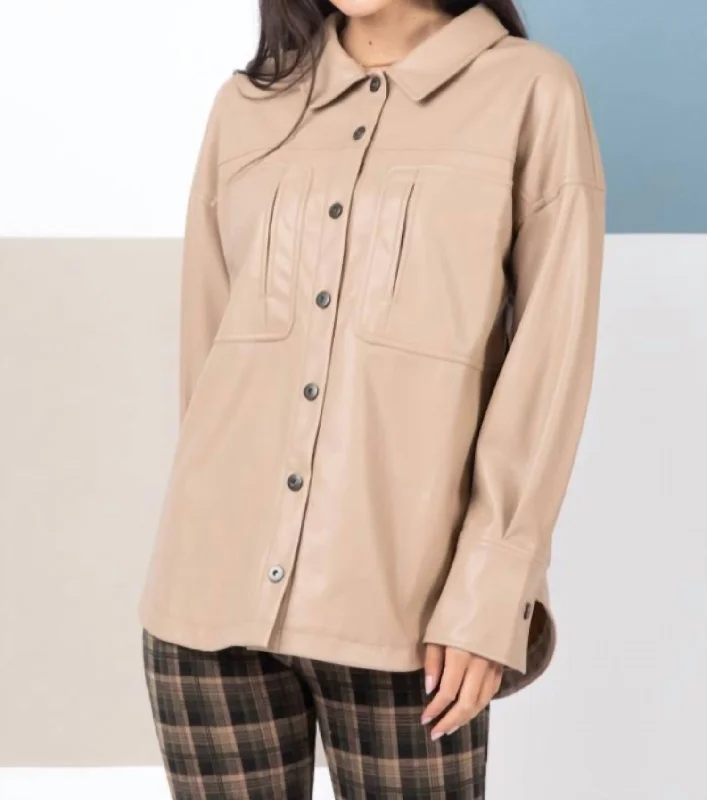 Snag Fabulous Fashion Bargains Faux Leather Shirt In Beige