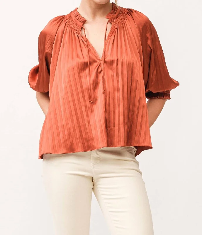 Big Savings Anais Ruched Neck 3/4 Sleeve Pleated Top In Cathay Spice