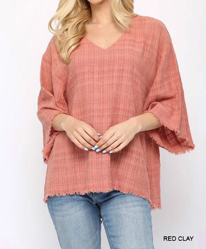 Modish Fashion Discounts Woven V-Neck With Frayed Hem In Rose Clay