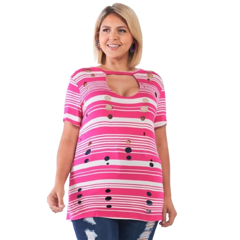 New Styles Just In Plus Striped And Distressed Cut-out Top
