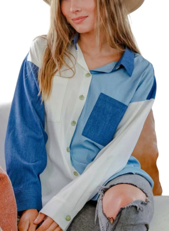 Fashion Forward, Function First Color-Block Button Up In Blue & White