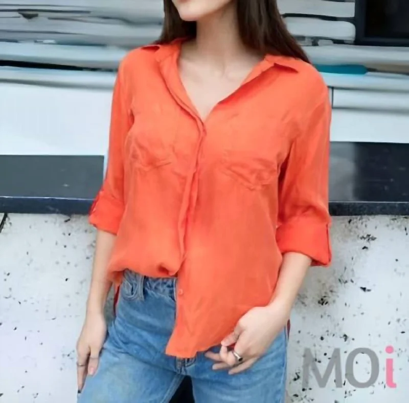 Classy Style Discounts Riley Roll Tab Sleeve Top In Hot Orange