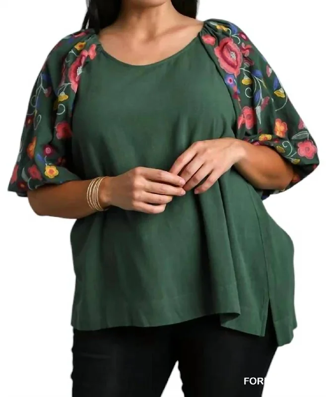 Stylish Looks Top With Embroidery Sleeves Plus In Forest Green